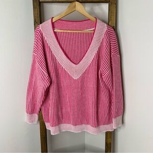 SHEIN Pink and Cream V-Neck Sweater 0XL